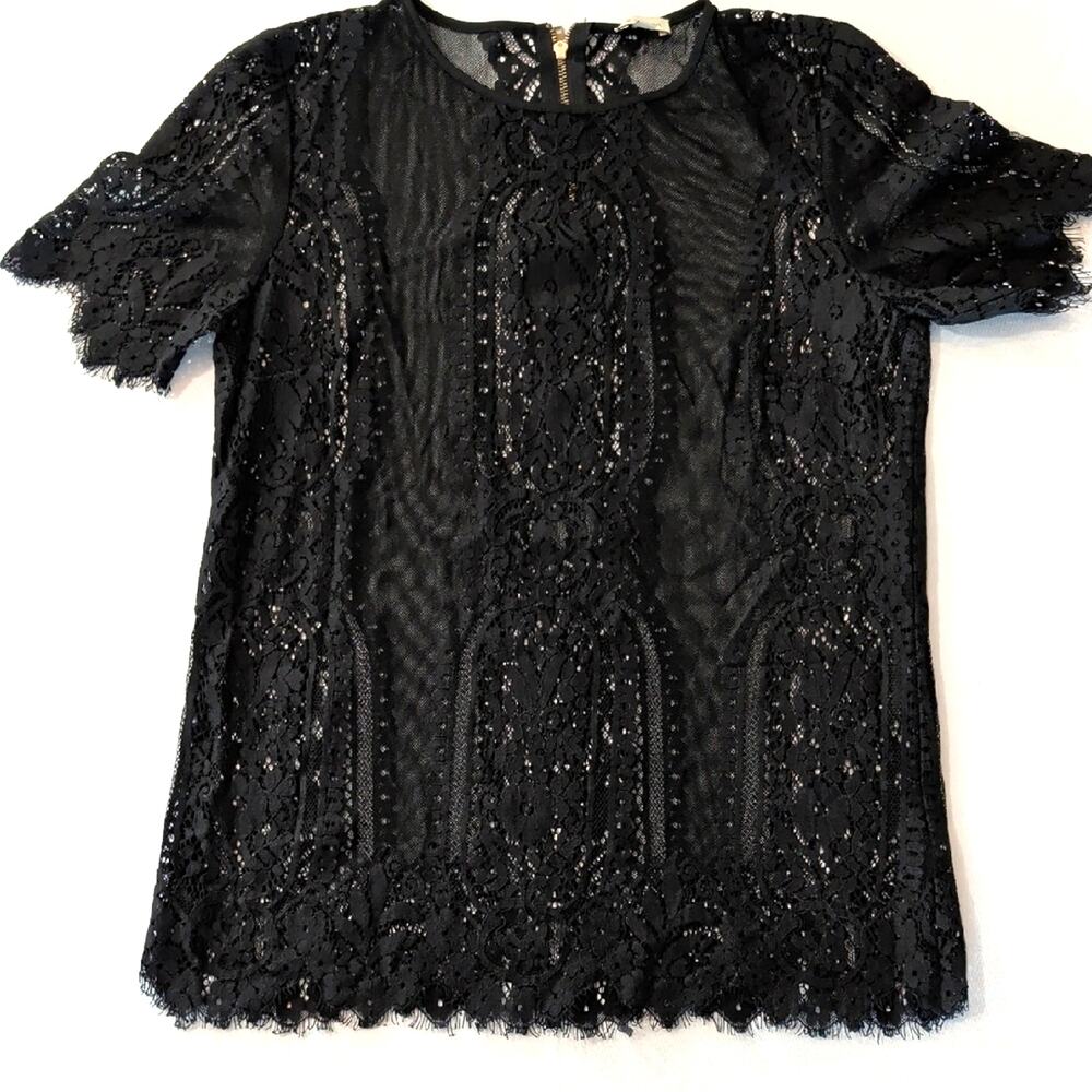Daniel Cremieux Black Floral Lace Top Small Sheer Short Sleeve Gold Zip Romantic